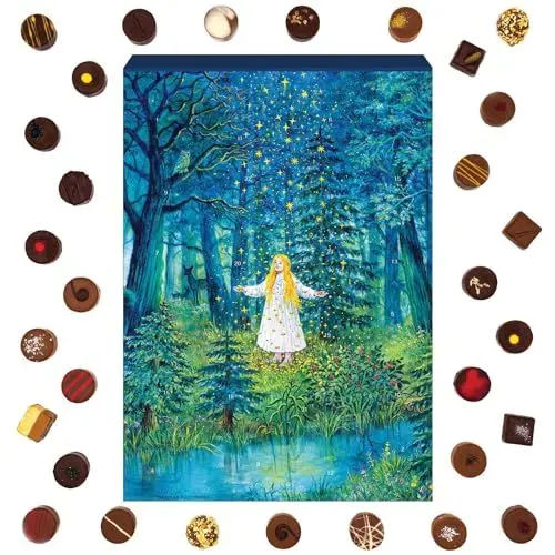 Produktbild: Hallingers Sternmädchen Märchen - Adventskalender Pralinen Geschenk handmade ohne Alkohol aus Edelkakao Schokolade (Box) - Muttertagsgeschenk & Geschenkideen zum Vatertag | Glückwunsch Chanukka Freund