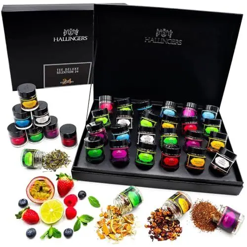 Produktbild: Hallingers Tee Deluxe Selektion 24-24 Sorten Tee Geschenkset, vegan & glutenfrei in Schraubgläsern (Set) - Muttertagsgeschenk & Geschenkideen zum Vatertag | Genesung Silvester Glückwünsche