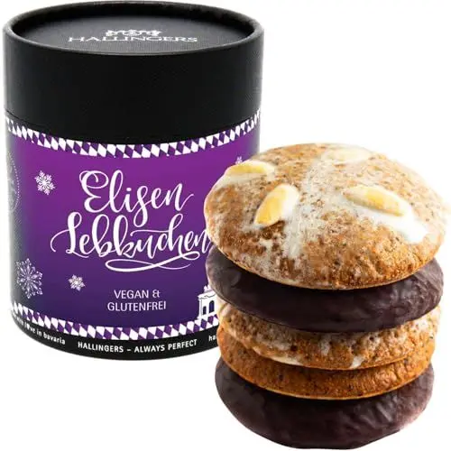 Produktbild: Hallingers Vegan & glutenfrei, Edition Bavaria - 5 vegane Elisen-Lebkuchen hoher Kernanteil handgemacht in edler Papierdose (Dose) - Muttertagsgeschenk & Geschenkideen zum Vatertag | Danke Silvester N