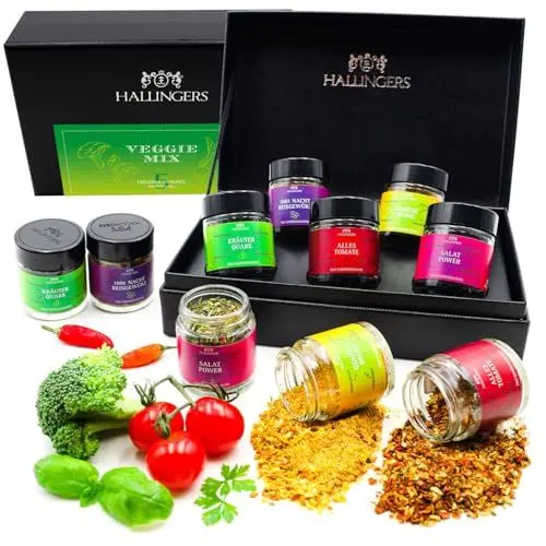 Produktbild: Hallingers Veggie Mix - 5 vegane Gewürze vegetarisch Set Geschenkset handmade fünf Gewürzgläser in Gewürz Organizer (Set) - Muttertagsgeschenk & Geschenkideen zum Vatertag | Neues Zuhause Glückwünsche