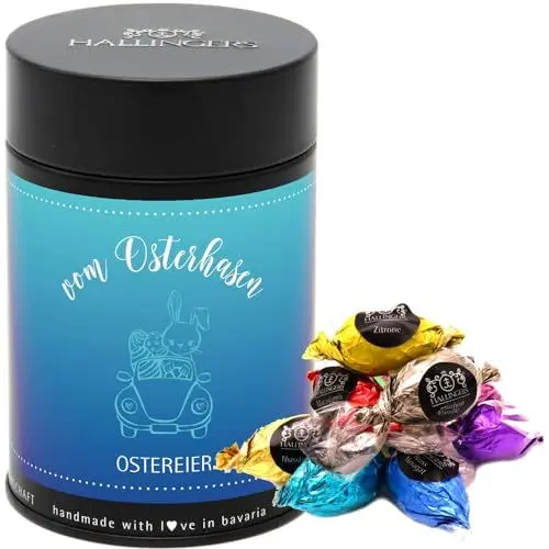 Produktbild: Hallingers Vom Osterhasen - Ostergeschenke für Osterkörbchen zu Ostern, Pralinen Ostereier handmade ohne Alkohol (Dose) - Muttertagsgeschenk & Geschenkideen zum Vatertag | Glückwunsch Glückwünsche Fre