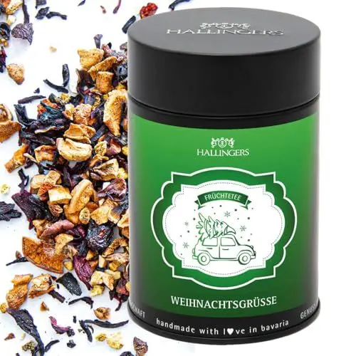 Produktbild: Hallingers Weihnachtsgrüße - Weihnachtlicher loser Früchte-Tee mit Vanille Orange & Hagebutte Geschenk zu Advent & Weihnachten (Dose) - Muttertagsgeschenk & Geschenkideen zum Vatertag | Genesung Silve