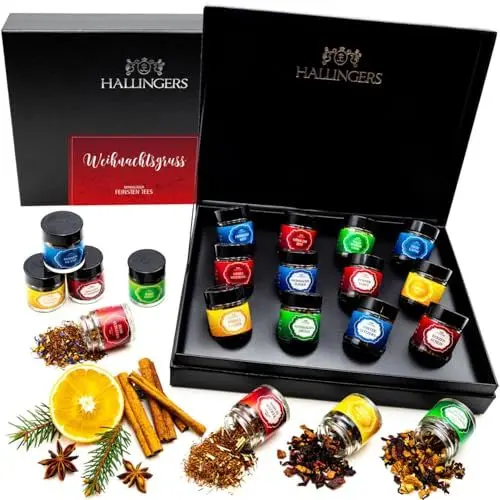 Produktbild: Hallingers Weihnachtsgruß - Weihnachtliche 12 Sorten Tee Geschenkset zu Weihnachten, vegan & glutenfrei in Schraubgläsern (Set) - Muttertagsgeschenk & Geschenkideen zum Vatertag | Genesung Glückwünsch