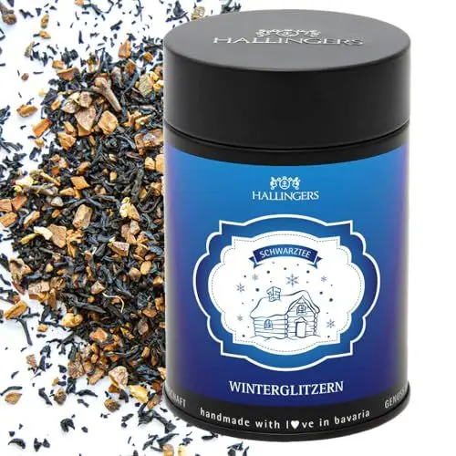 Produktbild: Hallingers Winterglitzern - Weihnachtlicher loser Schwarz-Tee mit Nelke, Kardamom & Zimt Geschenk zu Advent & Weihnachten (Dose) - Muttertagsgeschenk & Geschenkideen zum Vatertag | Genesung Silvester
