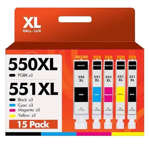 Produktbild: HALLOLUX 550 XL 551 Multipack Kompatibel für Canon PGI-550 CLI-551 für Pixma MX925 MX920 MG5650 MG5550 MG6650 iP7250 iX6850 iP7200 MG6450 MX725 MG5450 MG7150 MG7500 MG5400 MG6350 (15er-Pack)