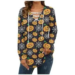 Produktbild: Halloween Backzubehör Bluse Weiblich Moderne Pullover Lange Ärmel Herbst V Ausschnitt Lockere Pullover Mädchen Coole Work Dünne Langes Hexe Binde Gelb