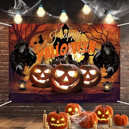 Produktbild: Halloween Banner Hintergrund Party Dekoration - Extra Große Orange Happy Banner für Draußen Drinnen, Kürbis Sensenmann Schloss XXL für Photo Booth Wand Deko