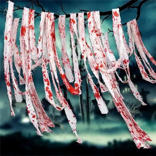 Produktbild: Halloween Blut Befleckte Gaze Handgewebter Gaze für Spukhaus Blutige Gaze Make up Zubehör Halloween Dekorationen Halloween-Ornamente Cosplay Zubehör Blutigen Drucken Gruseliges Netztuch