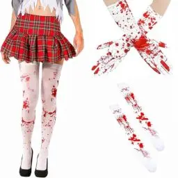 Produktbild: Halloween Blutige Handschuhe Socken Set Halloween Blut Handschuhe+Halloween Blutige Socken Halloween Overknee Aufdruck Weiche Blutflecken Handschuhe Terror für Halloween Dekoration Cosplay Kostüm
