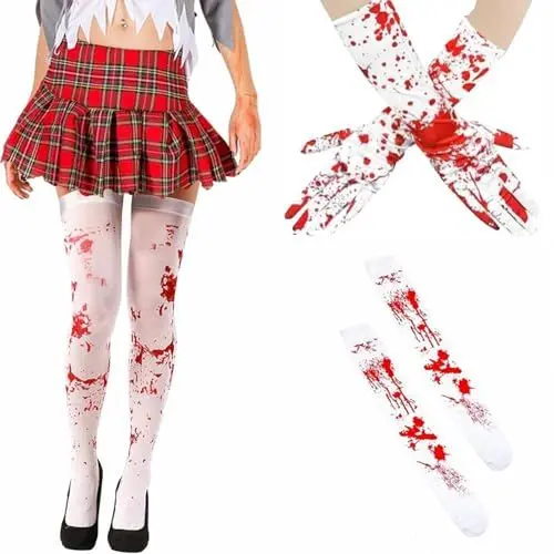 Produktbild: Halloween Blutige Handschuhe Socken Set Halloween Blut Handschuhe+Halloween Blutige Socken Halloween Overknee Aufdruck Weiche Blutflecken Handschuhe Terror für Halloween Dekoration Cosplay Kostüm