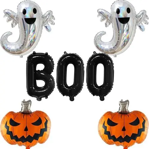 Produktbild: Halloween Boo Luftballon Set, Silber Laser Geist Orange Kürbis Halloween Helium Folienballon mit Schwarz Boo Ballon Banner für Kinder Horror Grusel Thema Trick or Treat Nacht Party Dekoration
