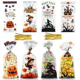 Produktbild: Halloween Cellophantüten, 100 Stück Halloween Tüten Halloween Süßigkeiten Tüte mit 120 Stück Twist Krawatten, halloween Treat Bags Halloween Zellophantüten Für Süßigkeiten Snacks Halloween Deko Party
