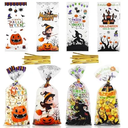 Produktbild: Halloween Cellophantüten, 100 Stück Halloween Tüten Halloween Süßigkeiten Tüte mit 120 Stück Twist Krawatten, halloween Treat Bags Halloween Zellophantüten Für Süßigkeiten Snacks Halloween Deko Party