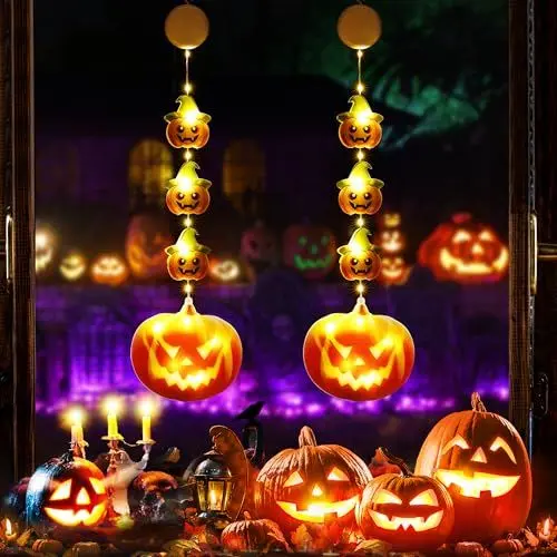 Produktbild: Halloween Deko Fenster Lichter, BrizLabs 2 Stück LED Innen Herbstdeko Kürbis Lichterkette Hängende Fensterlichter Batterie mit Saugnapf Weihnachtsbeleuchtung für Garten Terrasse Balkon Party Bäume Tür