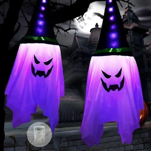 Produktbild: Halloween Deko Garten Outdoor 2 Stück Hängende Geister mit Hexenhut, 1M Deko Halloween Lichterkette Batterie 8 Licht Modi, Halloween Geist für Party, Innen, Terrasse, Vorgarten (Lila)