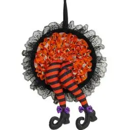 Produktbild: Halloween Deko, Halloween Kranz Halloween Feiertag Girlande mit Hexenbeine Deko Kunstkranz Haustür Halloween Dekorationskranz für Haustür Wanddekoration Party (Orange, One Size)