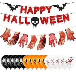 Produktbild: Halloween Deko Horror 19Pcs,Happy Halloween Garten Banner Deko Blutige Hände,Blutige Füße,Halloween Luftballons Skelett Dämon,Halloween Balloons Latex Für Halloween Dekoration Party Deko,Garten