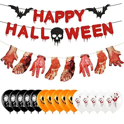 Produktbild: Halloween Deko Horror 19Pcs,Happy Halloween Garten Banner Deko Blutige Hände,Blutige Füße,Halloween Luftballons Skelett Dämon,Halloween Balloons Latex Für Halloween Dekoration Party Deko,Garten