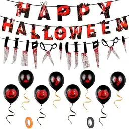 Produktbild: Halloween Deko Horror 19Pcs,Happy Halloween Girlande,Messer Blutig Banner,Halloween Messer Deko,Halloween Balloon Kürbis,Blutige Hand,Halloween Luftballons,Halloween Party Dekoration Garten,Aussen