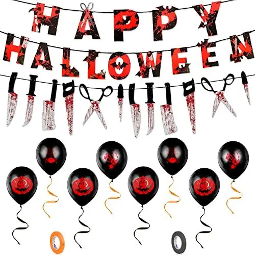 Produktbild: Halloween Deko Horror 19Pcs,Happy Halloween Girlande,Messer Blutig Banner,Halloween Messer Deko,Halloween Balloon Kürbis,Blutige Hand,Halloween Luftballons,Halloween Party Dekoration Garten,Aussen