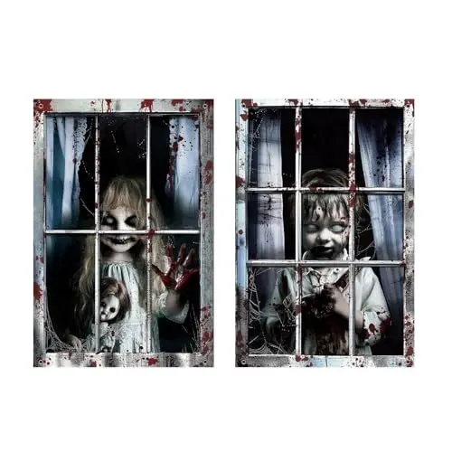 Produktbild: Halloween Deko Horror Fensterbilder,2 Stück Scary HalloweenFensterbild,Gruselig Fenstersticker für Outdoor und Innen,120 x 80cm Vorhang für Partydeko,Gartendeko,Haustürdeko,Wanddeko(L)