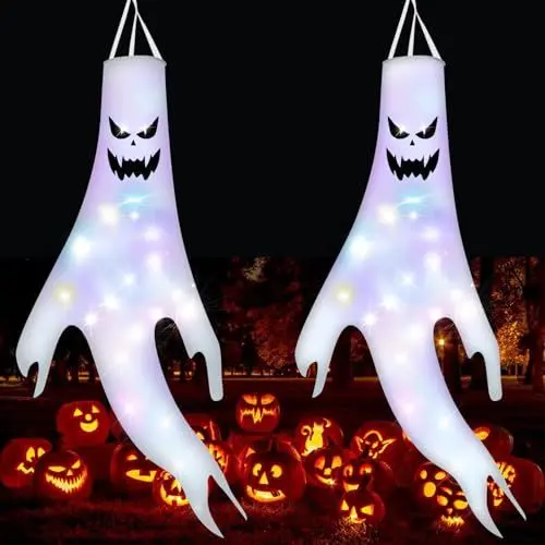 Produktbild: Halloween Deko Outdoor, 120cm Halloween Geist Windsock Halloween Deko Garten Hängende Windsäcke mit 3 Lichtmodi 20 Led, Halloween Windsäcke für Karneval Party Terrasse Baum Veranda Deko (120cm)