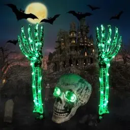Produktbild: Halloween Deko Realistische Skeleton Skelettkopf + Handknochen + 5 Meter grüne Halloween Lichterkette,Halloween Schädel Dekorationen Outdoor Garten Friedhof Dekoration, Halloween-Party