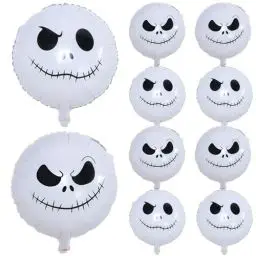 Produktbild: Halloween Deko Totenkopf Ballon Set, 9 Stk 18 Zoll Weiß Luftballon Smiley Gesicht Toten Kopf Jack Nightmare Christmas Helium Folienballon für Kinder Gruselig Trick or Treat Nacht Party Dekoration