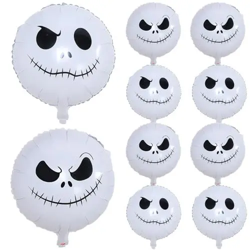 Produktbild: Halloween Deko Totenkopf Ballon Set, 9 Stk 18 Zoll Weiß Luftballon Smiley Gesicht Toten Kopf Jack Nightmare Christmas Helium Folienballon für Kinder Gruselig Trick or Treat Nacht Party Dekoration