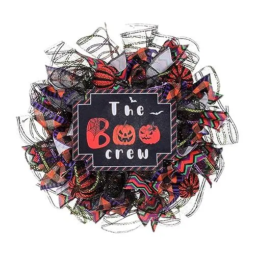 Produktbild: Halloween Deko Türkranz zum Aufhängen Blumenring Deko Anhänger Halloween Schädel Kranz Türschmuck Willkommenskranz Halloween Deko für Haustür, Wanddekoration, Party (Orange, One Size)