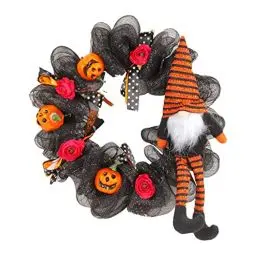 Produktbild: Halloween Deko Türkranz zum Aufhängen Blumenring Deko Anhänger mit Geist Stoffbeine Haustür Halloween Dekorationskranz Hängeschild Hängende Party Dekor (Black, One Size)