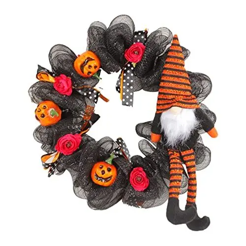 Produktbild: Halloween Deko Türkranz zum Aufhängen Blumenring Deko Anhänger mit Geist Stoffbeine Haustür Halloween Dekorationskranz Hängeschild Hängende Party Dekor (Black, One Size)