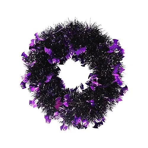 Produktbild: Halloween Deko Türkranz zum Aufhängen Blumenring Deko Anhänger mit Totenkopf Deko Kunstkranz Willkommenskranz Halloween Deko Hängeschild Hängende Party Dekor (Purple, One Size)