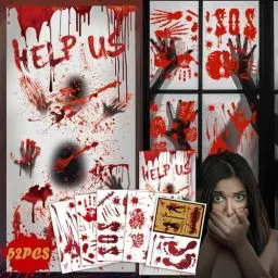 Produktbild: Halloween Dekoration Horror Fenster Bilder - Blutige Fenster Handabdruck Fußabdruck, Gruselig Halloween Fensterdeko Wiederverwendbar Blutige Aufkleber für Halloween Deko Scary Haunt Deko Indoor