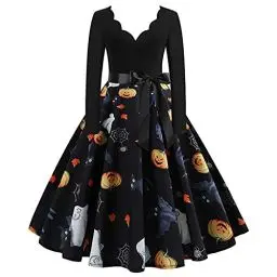 Produktbild: Halloween Dress Vintage Long Sleeve V Neck Dress Flare Vintage Hepburn Dresses Pumpkin Bat Witch Printed Cosplay Party Costume Cocktail Swing Dress Halloween Dress Black M