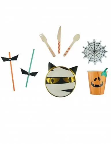 Produktbild: DYNASTRIB Halloween Einweggeschirr Partygeschirr Set 54-teilig orange-schwarz