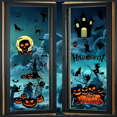 Produktbild: Halloween Fensterbilder, Halloween Deko Fenster Kinder, Selbstklebend Halloween Fensterdeko, 9 Blätter Halloween Sticker Fenster Aufkleber, Spinne Fledermaus Fensteraufkleber Halloween Fensterfolie