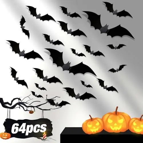 Produktbild: Halloween Fledermaus Deko, 64 Stück 3D Fledermaus Wandaufkleber DIY Halloween Dekoration Aufkleber PVC Fensterbilder für Innen- und Außenbereich, Garage, Zuhause, Partybedarf
