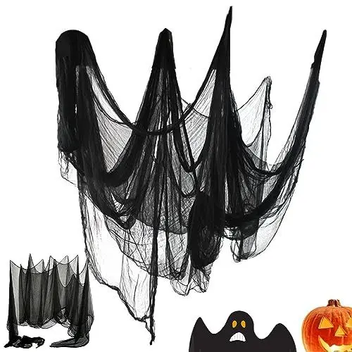 Produktbild: Halloween Gruseliges Tuch Dekorationen (200×500 cm), Super Schwarz Gruseliges Käsetuch Baumwolle Musselin Tücher für Halloween Party Innen Außen Gruselhäuser Türen