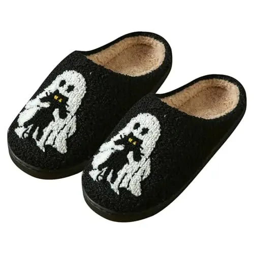 Produktbild: Halloween Hausschuhe Damen Fell Lustige Schuhe Halloween Hausschuhe für Frauen Männer Nette Bequeme Schlafzimmer Filzpantoffeln Herren mit Gummisohle (Black,38)