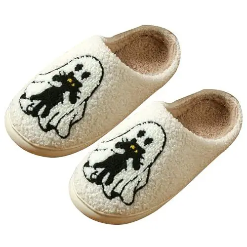Produktbild: Halloween Hausschuhe Damen Fell Lustige Schuhe Halloween Hausschuhe für Frauen Männer Nette Bequeme Schlafzimmer Filzpantoffeln Herren mit Gummisohle (White,44)
