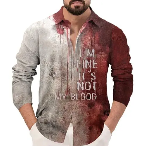 Produktbild: Halloween Hemd Herren Halloween Bluse Tops Blood Bedrucktes Lustige Briefe Drucken Oberteile Langarm T-Shirt Casual Langarmshirt Tops Halloween-Kostüm Übergroße Herrenhemd