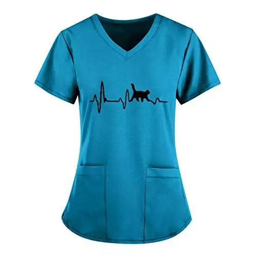 Produktbild: Halloween Kasacks Damen Pflege Working Einfarbige Taschenbluse Schlupfjacke V-Neck Arbeitskleidung Frau Kurze Armel Uniform Berufskleidung Uniformen T-Shirts Tops Für Frauen Bunt T-Shirt Schlupfkasack