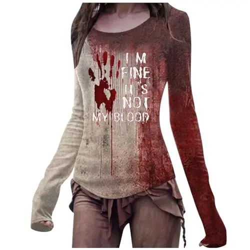 Produktbild: Halloween Kleidung Damen, Problem Gelöst Shirt Halloween Kostüm Damen Gruselig Rundhals Slim Fit T-Shirt Langarm Horror Blut Oberteile mit Blutspritzer Muster Blutigem Bedrucktes Festlich Kleidung