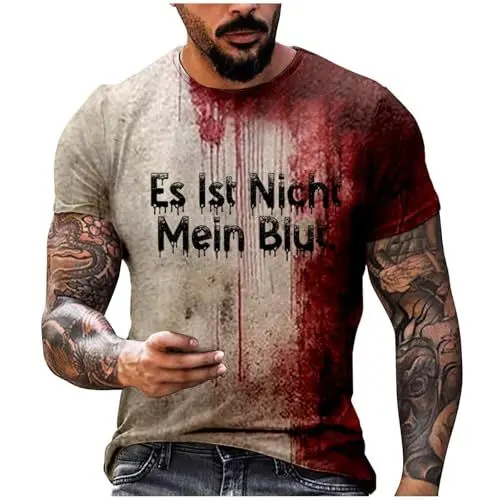 Produktbild: Halloween KostüM Herren HäSsliche Tshirts Es Ist Nicht Mein Blut Briefdruck Halloween T-Shirt Herren Casual Rundhalsausschnitt Blutspritzer Muster Oberteile Hemd Entsetzen Blutig Bedruckt Kurzarm Top