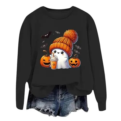 Produktbild: Halloween Kostüm Damen Pullover Sweatshirt Kürbisse und Geister Drucken Langarm Rundhals Pulli Ohne Kapuze Halloween Druck Karneval Festival Horror Festlich Langarmshirt Herbst Outfit Damen