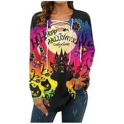 Produktbild: Halloween Kostüm Mädchen 110 Bluse Damen Sexye Longsleeve Halloween V Ausschnitt Pullover Boyfriend Gummizug Worker Dünne Pullover Frauen Plus Size Hexe Binde Pink