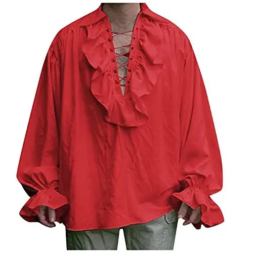 Produktbild: Halloween Kostüm Männer,Piratenhemd Herren Rüschenhemd Mittelalter Hemd Schnürhemd Gothic Shirt Pirat Langarm Kostüm Renaissance Viking Viktorian Steampunk Cosplay Tops