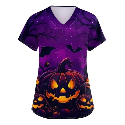 Produktbild: Halloween Kostüm Medizinische Kleidung Locker Kurzarm Arbeitskleidung & Uniformen Kasack Damen Geister Druck Mit Zwei Taschen Kasacks Berufsbekleidung Pflege V-Ausschnitt Lila 5XL