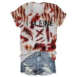 Produktbild: Halloween Kostüme Für Mädchen Fashion Halloweenkostüm T Shirts Damen Sommer Kurzarmshirt Blutiges Druck Tops Sport Tshirt Kurzarm-Halloween Für Damen Sportshirt Tshirt Farben Waschfest（2-Red，4XL）